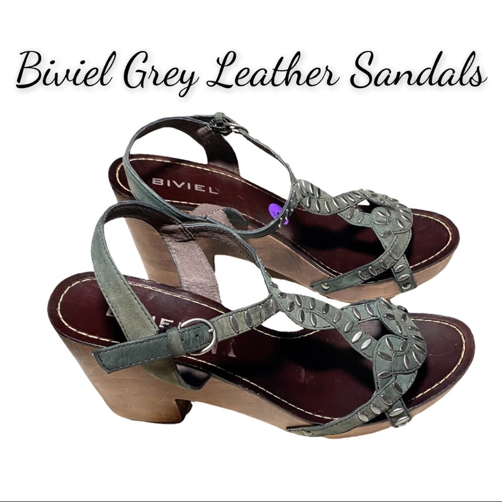 Biviel Gray Leather Studded Sandals, Clog Style With Wood Heels